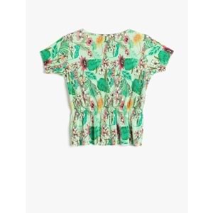 Kız Çocuk Çiçekli Tişört Beli Bağlamalı Kısa Kollu Yuvarlak Yaka Pilili - KOTON - 3SKG10122AK - YEŞİL DESENLİ - 6-7 YAŞ