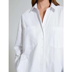 Oversize Gömlek Uzun Kollu Çift Cepli Düğmeli Pamuklu - KOTON - 4WAL60064IW - BEYAZ - 36
