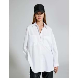 Oversize Gömlek Uzun Kollu Çift Cepli Düğmeli Pamuklu - KOTON - 4WAL60064IW - BEYAZ - 36