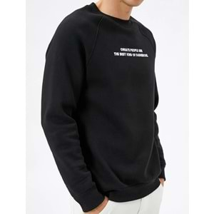 Slogan Baskılı Sweatshirt Reglan Kol Bisiklet Yaka Ribanalı 4WAM70052MK