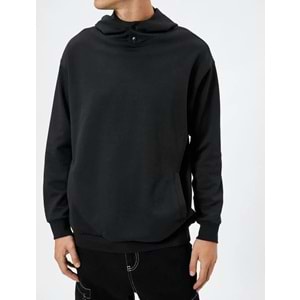 Kapşonlu Sweat Çıtçıt Düğmeli Cep Detaylı Yüksek Yaka Ribanalı - KOTON - 4WAM70047MK - SİYAH - XXL