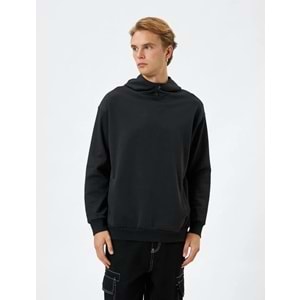 Kapşonlu Sweat Çıtçıt Düğmeli Cep Detaylı Yüksek Yaka Ribanalı - KOTON - 4WAM70047MK - SİYAH - XXL