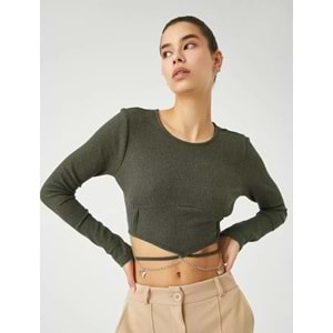 Crop Tişört Uzun Kollu Zincir Kelebek Detaylı Bisiklet Yaka - KOTON - 4WAL10139IK - HAKİ - XL