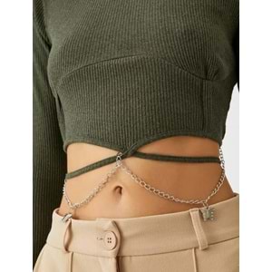 Crop Tişört Uzun Kollu Zincir Kelebek Detaylı Bisiklet Yaka - KOTON - 4WAL10139IK - HAKİ - XL