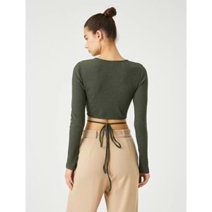 Crop Tişört Uzun Kollu Zincir Kelebek Detaylı Bisiklet Yaka - KOTON - 4WAL10139IK - HAKİ - XL