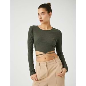 Crop Tişört Uzun Kollu Zincir Kelebek Detaylı Bisiklet Yaka - KOTON - 4WAL10139IK - HAKİ - XL