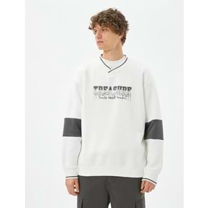 Slogan İşlemeli Sweatshirt Bisiklet Yaka Kırçıllı Düşük Omuzlu - KOTON - 4WAM70159MK - EKRU - XXL