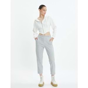 Crop Paça Basic Pantolon Beli Lastikli Cepli - KOTON - 4WAL40020IK - GRİ MELANJ - S