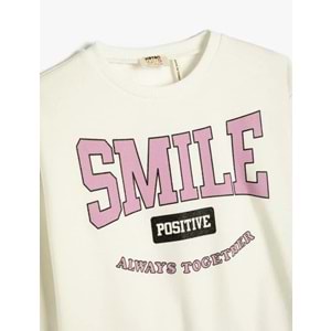Kız Çocuk Sweatshirt Şardonlu Baskılı Uzun Kollu Bisiklet Yaka Pamuklu - KOTON - 4WKG10203AK - EKRU - 4-5 YAŞ