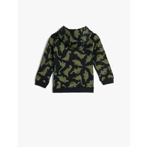 Erkek Bebek Kapşonlu Sweatshirt Şardonlu Dinozor Baskılı Pamuklu 4WMB10018TK