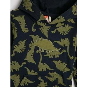 Erkek Bebek Kapşonlu Sweatshirt Şardonlu Dinozor Baskılı Pamuklu 4WMB10018TK