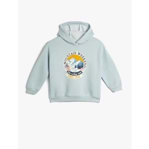 Kız Çocuk Kapşonlu Sweatshirt Baskı Detaylı Uzun Kollu Şardonlu - KOTON - 4WKG10263AK - MAVİ - 4-5 YAŞ