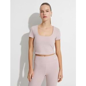 Crop Kısa Kollu Spor Tişört U Yaka Basic Dar Kalıp - KOTON - 4WAK10083NK - PEMBE - L