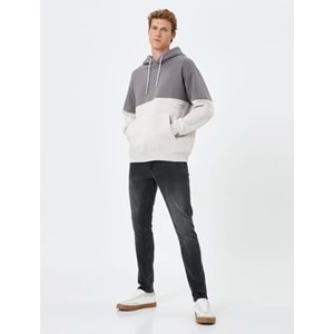 Kapşonlu Sweat Kanguru Cepli Renk Bloklu Ribanalı Pamuklu - KOTON - 4WAM70045MK - ANTRASİT - S