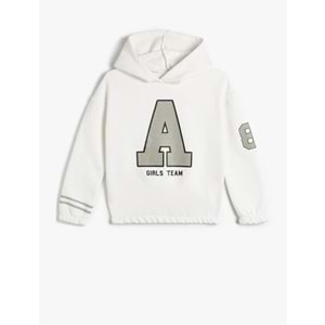 Kız Çocuk Kapşonlu Sweatshirt Sim Baskı Detaylı Uzun Kollu Şardonlu - KOTON - 4WKG10232AK - EKRU - 11-12 YAŞ