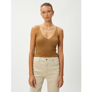 Crop Triko Atlet Askılı V Yaka - KOTON - 4WAK30004HT - DEVE TÜYÜ - XL