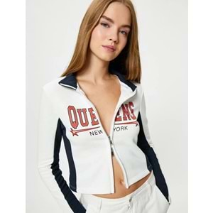 Kolej Fermuarlı Sweatshirt Dik Yaka Renk Bloklu - KOTON - 4WAL10458IK - EKRU - S