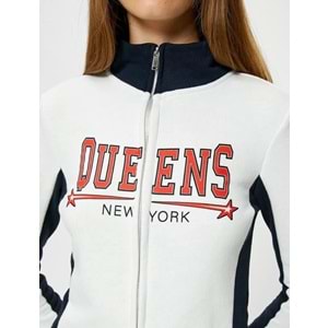 Kolej Fermuarlı Sweatshirt Dik Yaka Renk Bloklu - KOTON - 4WAL10458IK - EKRU - S