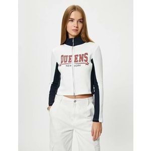 Kolej Fermuarlı Sweatshirt Dik Yaka Renk Bloklu - KOTON - 4WAL10458IK - EKRU - S