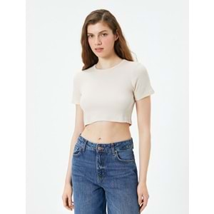 Basic Crop Tişört Ribanalı Kısa Kollu Bisiklet Yaka Slim Fit - 4SAL10054IK