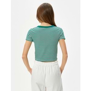 Crop Tişört Kısa Kollu Bisiklet Yaka Dar Kalıp Kaşkorse İşlemeli - KOTON - 4SAL10071IK - YEŞİL ÇİZGİLİ - XS
