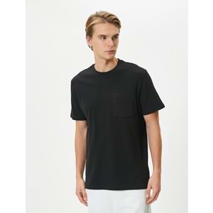 Basic Tişört Cep Detaylı Bisiklet Yaka Kısa Kollu Dokulu - KOTON - 4SAM10068HK - SİYAH - XL