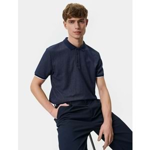 Polo Yaka Tişört Düğmeli Dokulu Kısa Kollu Biyeli - 4SAM10089MK - KOTON - 4SAM10089MK - LACİVERT - XXL