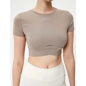 Spor Crop Tişört Kısa Kollu Bisiklet Yaka Asimetrik Kesim Slim Fit - KOTON - 4SAK10175NK - VİZON - XL