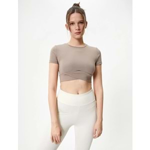 Spor Crop Tişört Kısa Kollu Bisiklet Yaka Asimetrik Kesim Slim Fit - KOTON - 4SAK10175NK - VİZON - XL