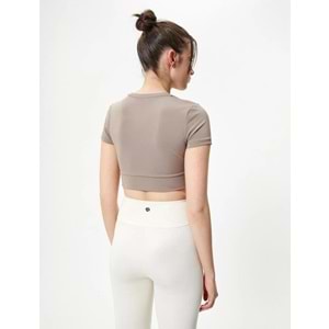Spor Crop Tişört Kısa Kollu Bisiklet Yaka Asimetrik Kesim Slim Fit - KOTON - 4SAK10175NK - VİZON - XL