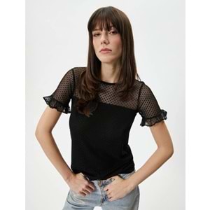 Dantelli Tişört Kısa Kollu Bisiklet Yaka - KOTON - 4SAK50056EK - SİYAH - S