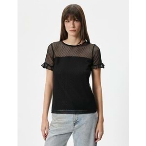 Dantelli Tişört Kısa Kollu Bisiklet Yaka - KOTON - 4SAK50056EK - SİYAH - S