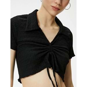 Crop Polo Yaka Tişört Önden Büzgülü Bağlamalı Dokulu - KOTON - 4SAL10129IK - SİYAH - M