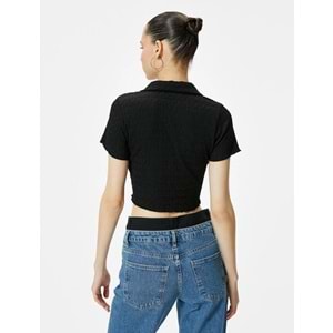 Crop Polo Yaka Tişört Önden Büzgülü Bağlamalı Dokulu - KOTON - 4SAL10129IK - SİYAH - M