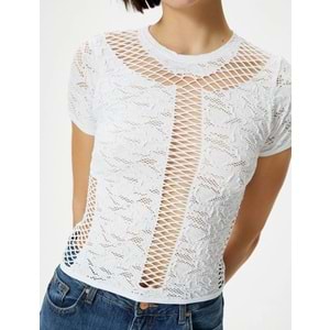 File Detaylı Crop Tişört Dokulu Kısa Kollu Bisiklet Yaka - KOTON - 4SAL10514IK - EKRU - XS-S