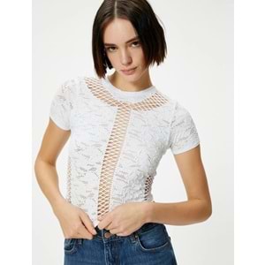 File Detaylı Crop Tişört Dokulu Kısa Kollu Bisiklet Yaka - KOTON - 4SAL10514IK - EKRU - XS-S