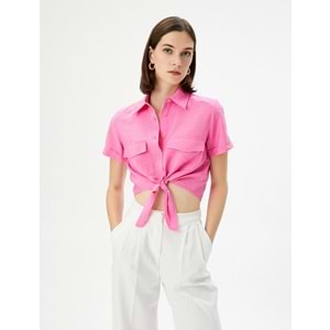 Önden Bağlamalı Gömlek Crop Düğmeli Cepli Viskon - KOTON - 4SAK60005EW - PEMBE - 34