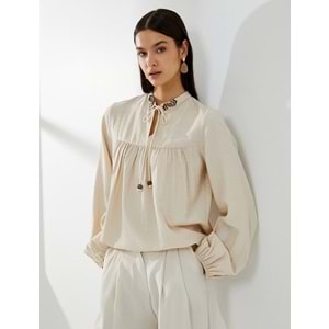 Balon Kol Bluz Bağcıklı Hakim Yaka Boncuk İşlemeli Viskon - KOTON - 4SAK60066UW - BEJ - 36