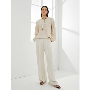 Balon Kol Bluz Bağcıklı Hakim Yaka Boncuk İşlemeli Viskon - KOTON - 4SAK60066UW - BEJ - 36