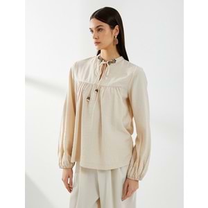 Balon Kol Bluz Bağcıklı Hakim Yaka Boncuk İşlemeli Viskon - KOTON - 4SAK60066UW - BEJ - 36
