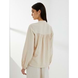 Balon Kol Bluz Bağcıklı Hakim Yaka Boncuk İşlemeli Viskon - KOTON - 4SAK60066UW - BEJ - 36