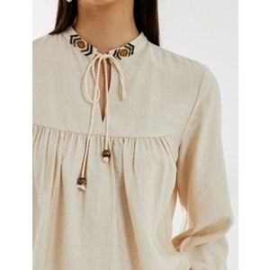 Balon Kol Bluz Bağcıklı Hakim Yaka Boncuk İşlemeli Viskon - KOTON - 4SAK60066UW - BEJ - 36