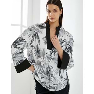 V Yaka Tunik Uzun Kollu Egzotik Desenli - KOTON - 4SAK60214UW - Siyah Desenli - 38
