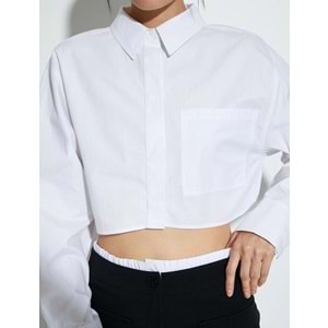 Crop Poplin Gömlek Uzun Kollu Rahat Kesim Düğmeli Cep Detaylı - KOTON - 4SAK60250PW - BEYAZ - 42