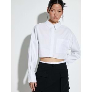 Crop Poplin Gömlek Uzun Kollu Rahat Kesim Düğmeli Cep Detaylı - KOTON - 4SAK60250PW - BEYAZ - 42
