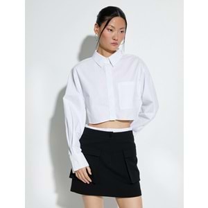 Crop Poplin Gömlek Uzun Kollu Rahat Kesim Düğmeli Cep Detaylı - KOTON - 4SAK60250PW - BEYAZ - 42