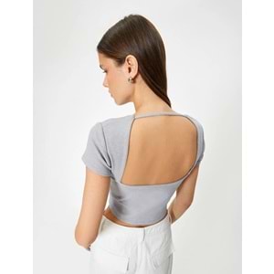 Sırt Dekolteli Tişört Crop Kısa Kollu Fitilli Slim Fit - KOTON - 4SAL10804IK - GRİ - XL