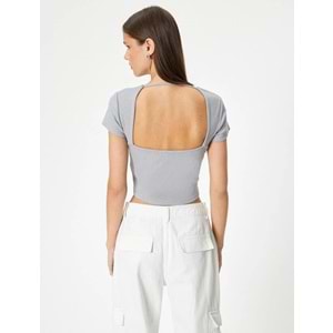 Sırt Dekolteli Tişört Crop Kısa Kollu Fitilli Slim Fit - KOTON - 4SAL10804IK - GRİ - XL