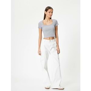 Sırt Dekolteli Tişört Crop Kısa Kollu Fitilli Slim Fit - KOTON - 4SAL10804IK - GRİ - XL