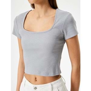 Sırt Dekolteli Tişört Crop Kısa Kollu Fitilli Slim Fit - KOTON - 4SAL10804IK - GRİ - XL